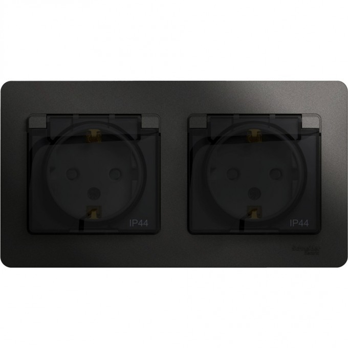 Розетка двойная SCHNEIDER ELECTRIC GLOSSA с заземлением, со шторками, в сборе, IP44, антрацит GSL000747