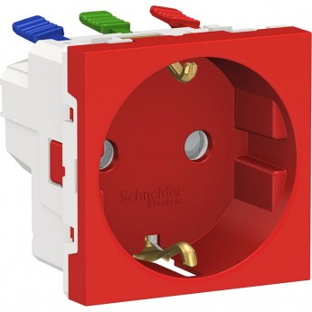 Розетка SCHNEIDER ELECTRIC UNICA MODULAR с заземлениям, со шторками, с быстрозажимными клеммами, 16А 250В, 2 модуля, красный